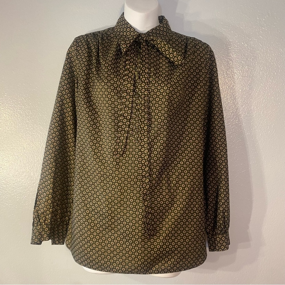 Vintage 1970’s Brown Orange Cream Patterned Button up with Tie Neck Blouse